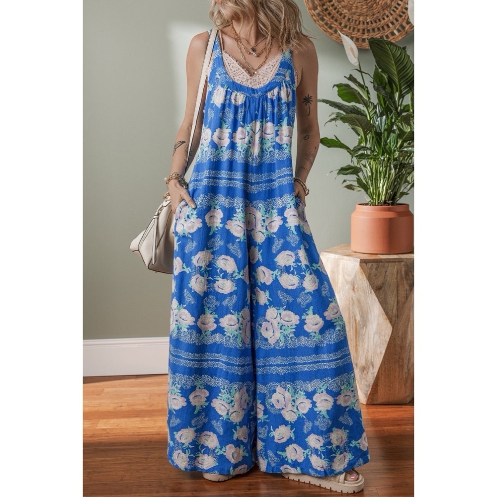 Blue Floral Print Wide Leg Jumpsuit